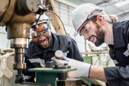Team of engineers practicing maintenance Taking care and practicing maintenance of old machines in...