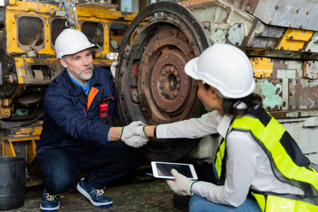 A business man inspects the work of an on-site worker at an old factory for rehearsing train engines.の写真素材