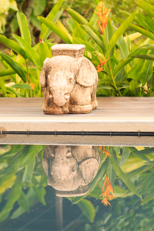 Elephant Statue and Shadow near  Luxurious swimming pool in a tropical garden, Thailandの写真素材