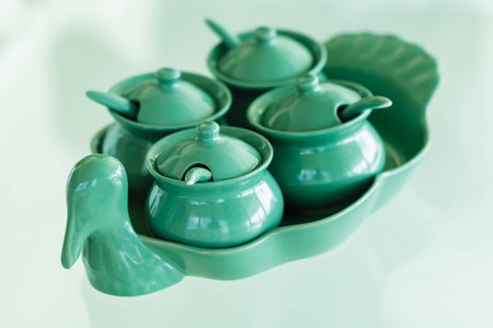 Thai Condiment for noodle or pad thai in ceramic set on glass  tableの写真素材