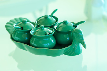 Thai Condiment for noodle or pad thai in ceramic set on glass  tableの写真素材