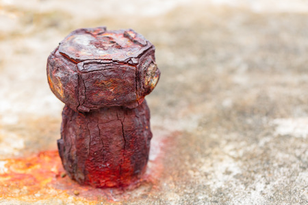 big old screw nut and bolt close up in nature backgroundの写真素材