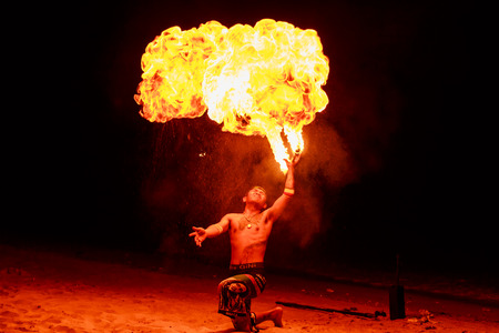 TRAT , THAILAND- MAY 10 , 2016 : Fire man show amazing at night in Koh Chang Island at Trat ,Thailand on May 10 , 2016のeditorial素材