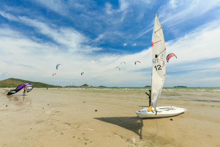 SATTAHIP, THAILAND - MAY 28, 2016 : The group of Kitesurf and windsurf are practice for next completition. This is the nice view of sailing and kitesuef clubs in Sattahip Chonburi, THAILAND on May 28, 2016のeditorial素材