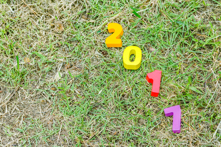 Wooden number of 2017 on grass for new year celebrationsの写真素材