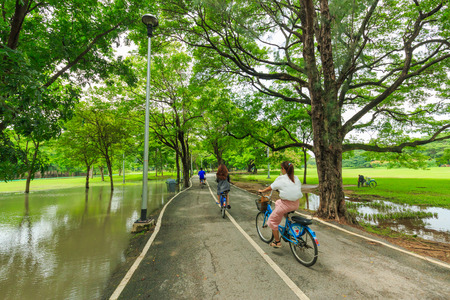 BANGKOK, THAILAND - JANUARY 7, 2016: Unidentified men and women  cycling and walking in the Vachirabenjatus Park or Train park in Bangkok thailand.のeditorial素材