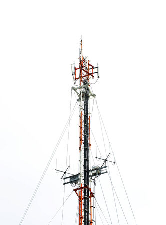 Red and White Telecommunication tower isolated on white background.の写真素材