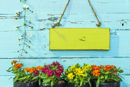 Wooden signboard on wooden wall with flower. vintage style.の写真素材