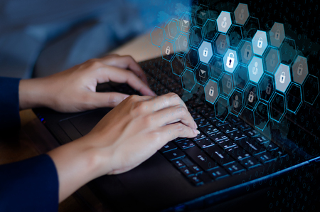 Press enter button on the computer. Key lock security system abstract technology world digital link...