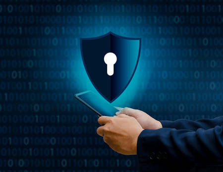 Binary shield Internet phone Smartphone is protected from hacker attacks, Firewall Business People...