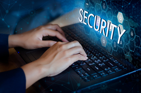 Press enter button on the computer. Key lock security system abstract technology world digital link cyber security on hi tech Dark blue background, Enter password to log in. lock finger Keyboardの写真素材