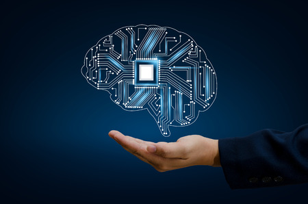 AI Hand Businesspeople press the phone. Brain Graphic Binary Blue Technologyの写真素材