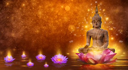 Buddha statue water lotus Buddha standing on lotus flower on orange backgroundの写真素材