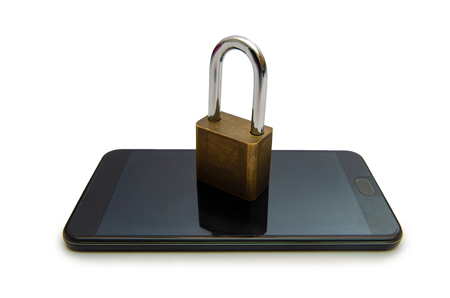 Isolate Unlocked smartphone lock Internet phone hand  press the phone to communicate in the Internet. Cyber security concept hand protection network with lock icon and virtual screensの写真素材