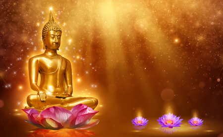 Buddha statue water lotus Buddha standing on lotus flower on orange backgroundの写真素材