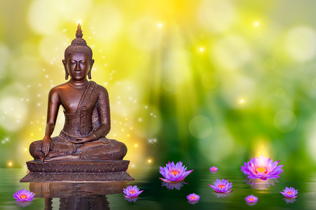 Buddha statue water lotus Buddha standing on lotus flower on orange backgroundの写真素材