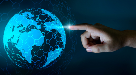 World Map In the hands of a businessman network technology and communication Space input dataの写真素材