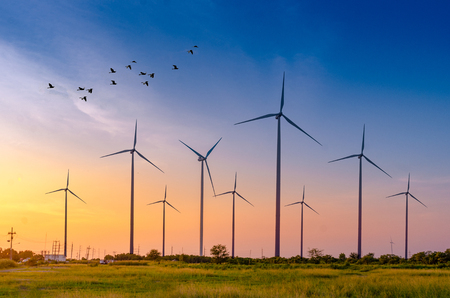wind turbine energy  Green ecological power energy generation. Wind farm eco field Beautiful sky Hua...