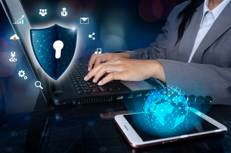 Press enter button on the keyboard computer Shield cyber Key lock security system abstract technology world digital link cyber security on hi tech Dark blue background, Enter password to log in. lock finger Keyboardの写真素材