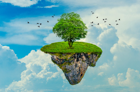 The island floats in the sky with 1 tree on the island. 3Dの写真素材