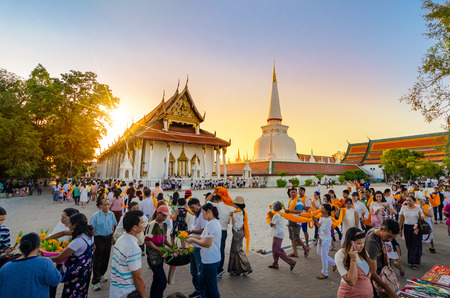 Wat Phra Mahathat Woramahawihan In Nakhon Si Thammarat Province Thailand On Makha Bucha Day, Khi Hom Robe Parade on February 19, 2019のeditorial素材