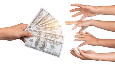 Businessmen hand to send money, bank notes, catch money, payment conceptsの写真素材