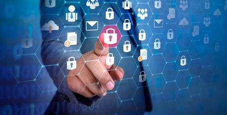 button on virtual screen pressed with finger Global network security world map Key lock security system abstract technology world digital link cyber security hi tech Dark blue background passwordの写真素材