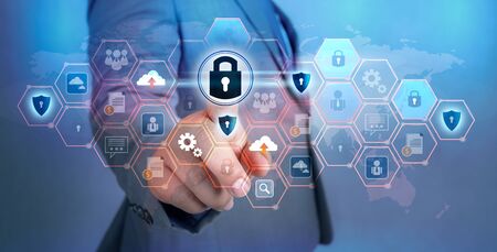 button on virtual screen pressed with finger Global network security world map Key lock security system abstract technology world digital link cyber security hi tech Dark blue background passwordの写真素材