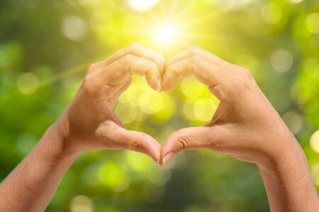 The hands of women and men are the heart shape with the sun light passing through the handsの写真素材
