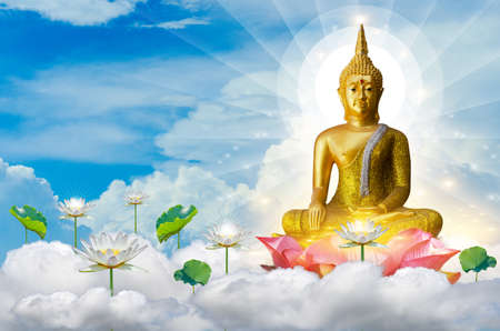 Buddha floating in the sky on lotus flowerの写真素材