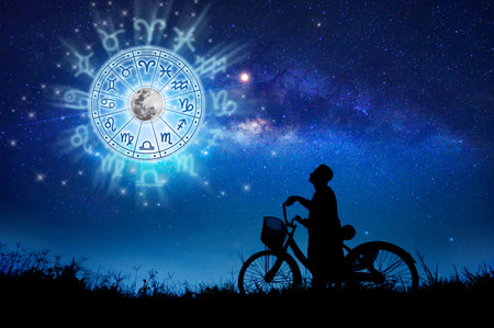 Zodiac signs inside of horoscope circle. Astrology in the sky with many stars and moons  astrology and horoscopes conceptの写真素材