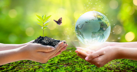Concept Save the world save environment The world is in the grass of the green bokeh backgroundの写真素材