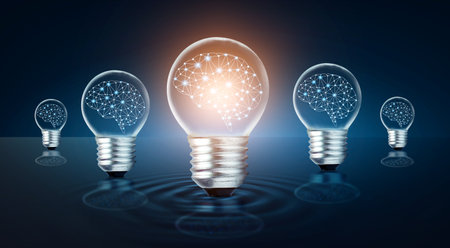different Light bulb idea Many bulbs are arranged in a row and one of them is illuminated. Concept ideaの写真素材