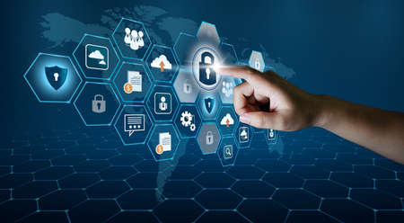 Highly secure IT device protection shield. blue backgroundの写真素材