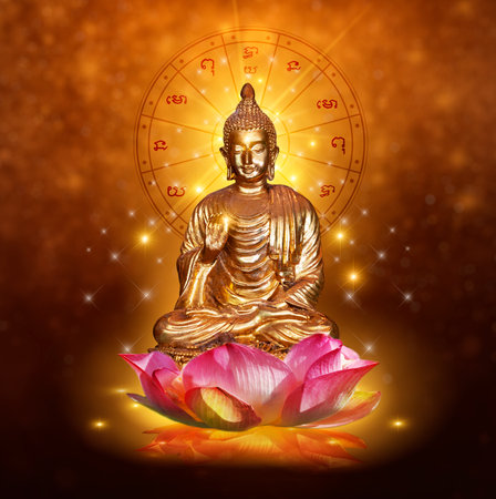Buddha statue water lotus Buddha standing on lotus flower on orange backgroundの写真素材