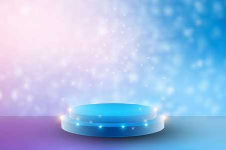 Stage or podium blue pink Searchlighted podium for presentation and award ceremonyの写真素材