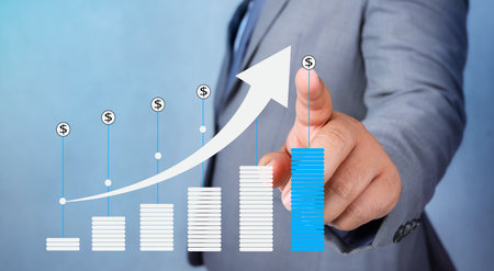 Graph of financial growth global communications Binary Smart Phones and world Internet Businesspeople press the phone to communicate in the Internet Stock chart Researching process.business Team Working Startup modern office Laptop global strategy virtual Icon.Innovation graphs Interfacesの写真素材