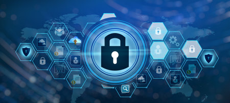Unlocked lock Internet press to communicate in the Internet. Cyber security concept hand protection network with lock icon and virtual screens Space put message Blue toneの写真素材