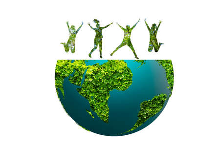 silhouette of a group of people jumping concept of conservation of the earth and the environmentの写真素材