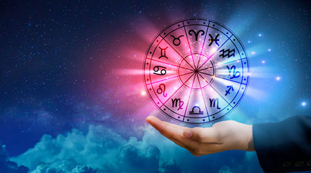 Zodiac signs inside of horoscope circle. Astrology in the sky with many stars and moons  astrology and horoscopes conceptの写真素材
