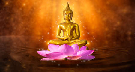 Buddha statue water lotus Buddha standing on lotus flower on orange backgroundの写真素材