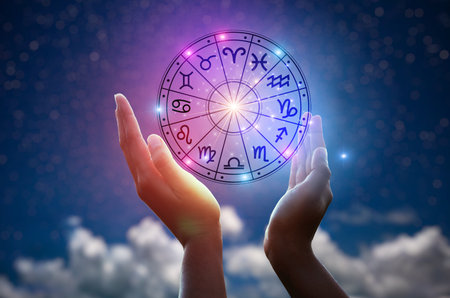 Zodiac signs inside of horoscope circle. Astrology in the sky with many stars and moons  astrology and horoscopes conceptの素材 [FY310200638986]