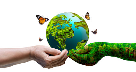 Concept Save the world save environment The world is in the grass of the green bokeh backgroundの写真素材