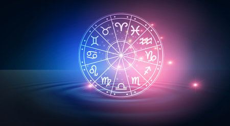 Zodiac signs inside of horoscope circle. Astrology in the sky with many stars and moons  astrology and horoscopes conceptの写真素材