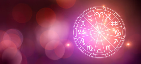 Zodiac signs inside of horoscope circle. Astrology in the sky with many stars and moons  astrology and horoscopes conceptの写真素材