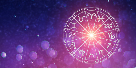 Zodiac signs inside of horoscope circle. Astrology in the sky with many stars and moons  astrology and horoscopes conceptの写真素材
