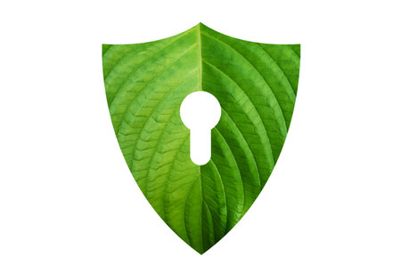 Green shield protects nature and protects the environment on white background.の写真素材