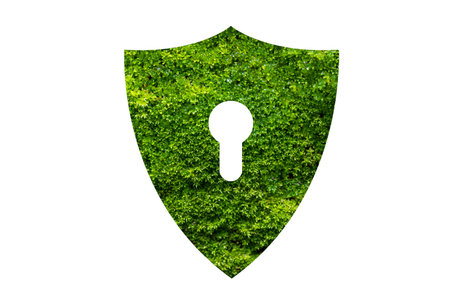 Green shield protects nature and protects the environment on white background.の写真素材
