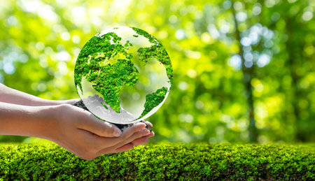 Concept Save the world save environment The world is in the grass of the green bokeh backgroundの写真素材