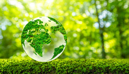 Concept Save the world save environment The world is in the grass of the green bokeh backgroundの写真素材